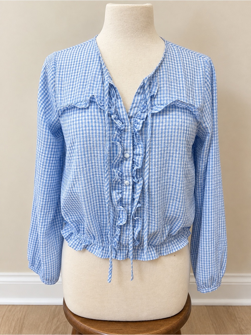 Blue Gingham Ruffle Front Women's Top